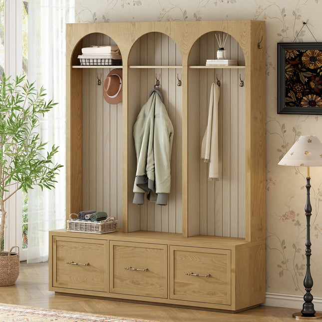 Farmhouse Wooden Style Hall Tree with Arched Design, Elegant Entryway Bench with Retro Hooks, Rustic Coat Rack & Shoe Organizer with Drawers for Mudroom, Living Room, Oak, Natural