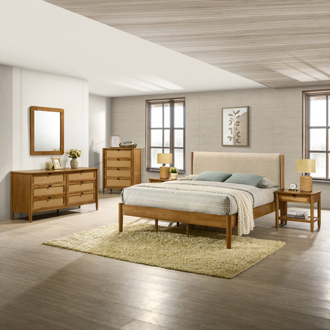 Vichy 6-Piece Rubberwood Bedroom Set with Textured Polyester Upholstered King Bed, Dresser, Mirror, Two Nightstands, and Chest
