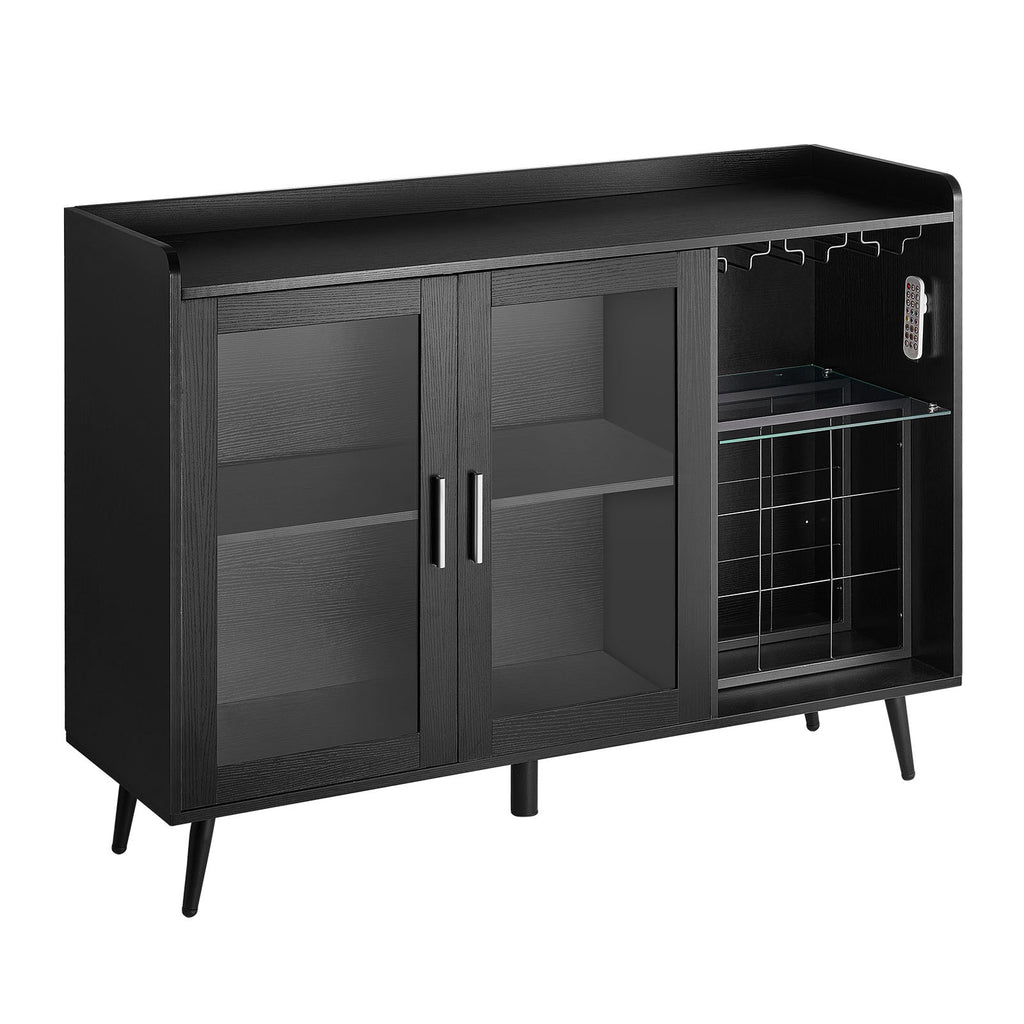 Wine Cabinet, Coffee Bar Cabinet with 9 Wine Bottle Racks, Modern Buffet Sideboard with Glass Holder, Adjustable LED Brightness, for Home Kitchen, Living Room, Dining Room, Black Wood Grain