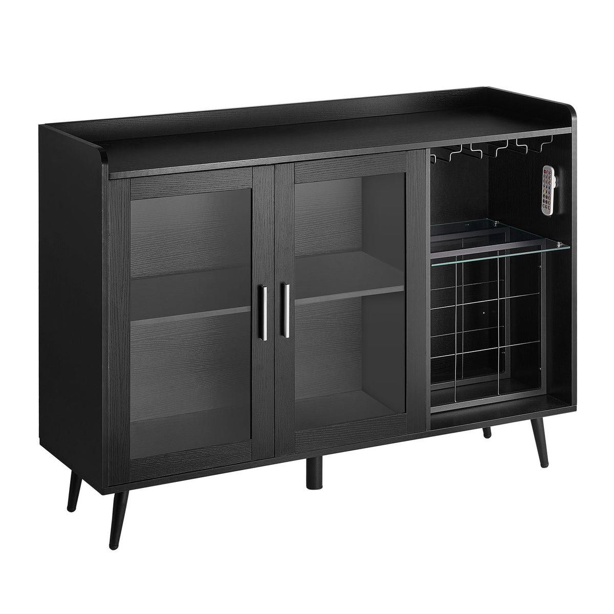 Wine Cabinet, Coffee Bar Cabinet with 9 Wine Bottle Racks, Modern Buffet Sideboard with Glass Holder, Adjustable LED Brightness, for Home Kitchen, Living Room, Dining Room, Black Wood Grain
