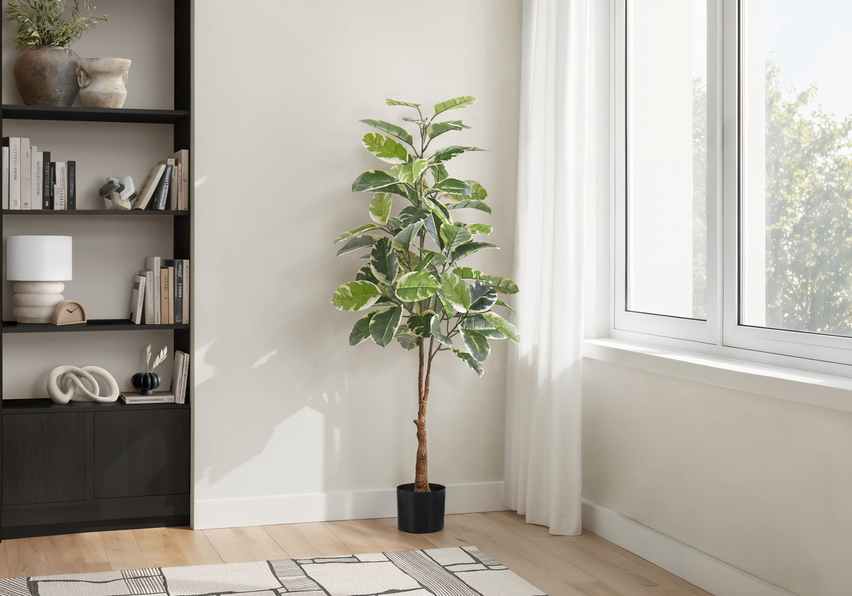 Artificial Plant, 52' Tall, Rubber Tree, Indoor, Faux, Fake, Floor, Greenery, Potted, Real Touch, Decorative, Green Leaves, Black Pot