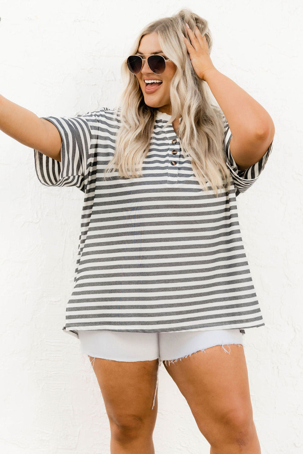 Striped Casual Plus Size Button Neck Henley Tee - Eloy Royal