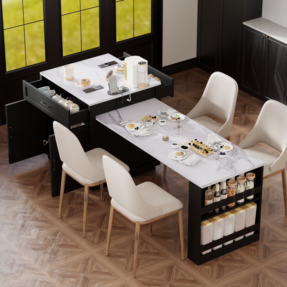 K&K 82.7 inch Kitchen Island with Extendable Dining Table for 4-6 Person,Faux Mable Kitchen Table with Double-sized Storage,Power Outlet,Kitchen island with Storage 2 Drawers 2 Side Open Shelves,Black