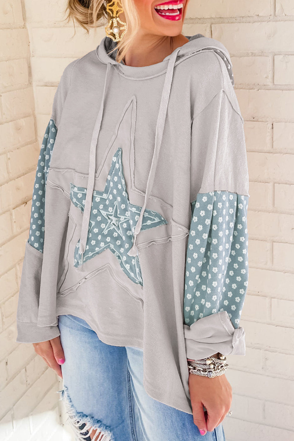 Beau Blue Floral Patchwork Star Pattern Drawstring Hoodie