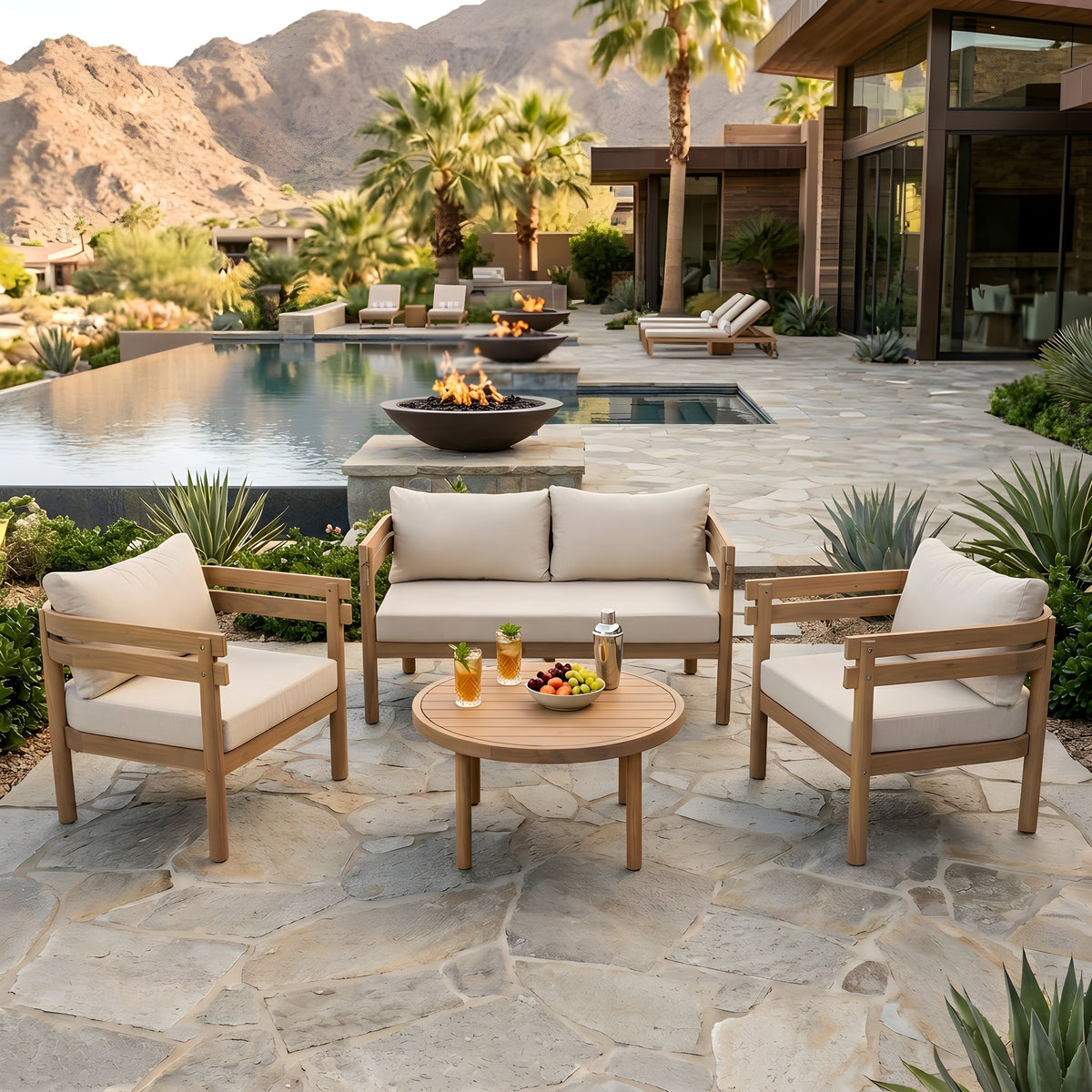 4-Piece Acacia Wood Patio Furniture Set, Light Brown Outdoor Conversation Set with Beige Water Repellent Cushions, Loveseat, 2 Chairs & Coffee Table