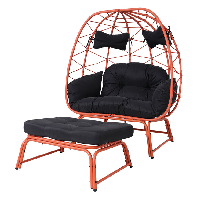 Double Patio Egg Chair with Ottoman, Wicker Outdoor Egg Chair with Cushion, 2 Person Lounge Chair with Footrest for Balcony, Garden and Backyard