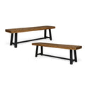 Cloud Outdoor Bench with Acacia Wood Frame and Slat Panel Design, Set of 2,Sandblast Teak Finish and Black