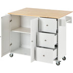 Rolling Mobile Kitchen Island with Solid Wood Top and Locking Wheels,52.7 Inch Width,Storage Cabinet and Drop Leaf Breakfast Bar,Spice Rack, Towel Rack & Drawer (White) - Eloy Royal