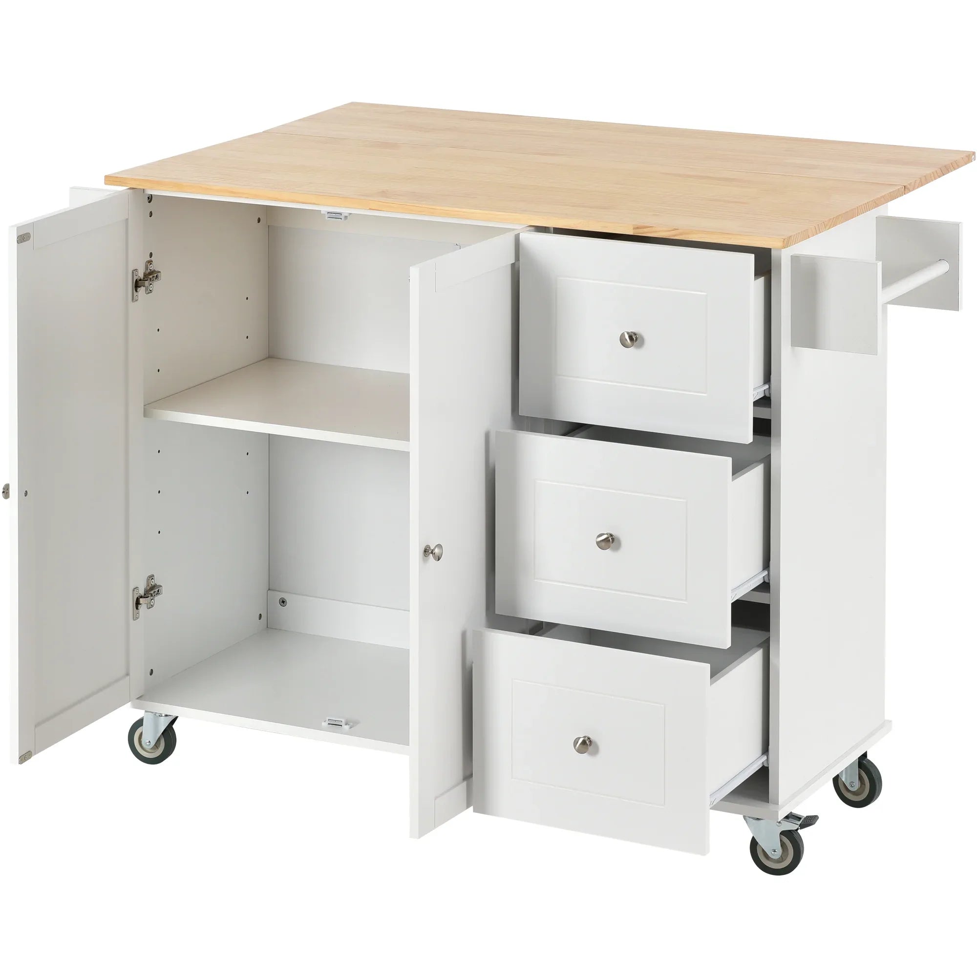 Rolling Mobile Kitchen Island with Solid Wood Top and Locking Wheels,52.7 Inch Width,Storage Cabinet and Drop Leaf Breakfast Bar,Spice Rack, Towel Rack & Drawer (White) - Eloy Royal