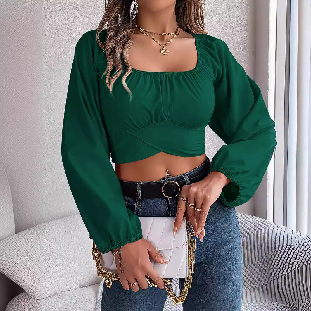 Leisure Lantern Sleeve Lace-up Waist Chiffon Shirt Midriff-baring Top