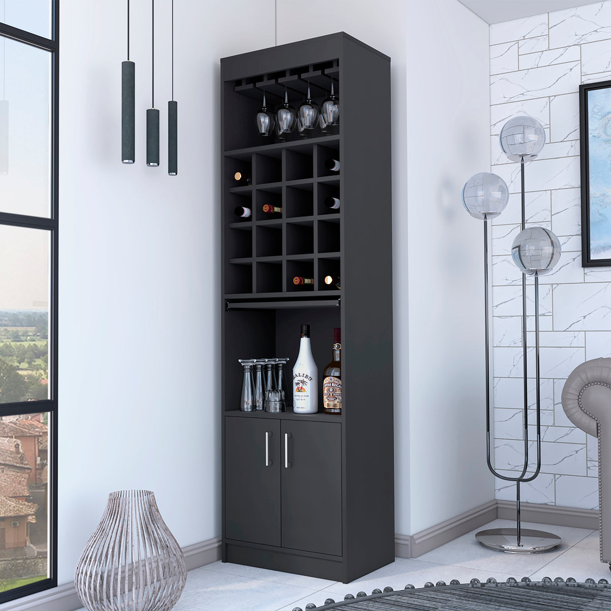 Myers  Bar Cabinet, Two Shelves, Double Door Cabinet, Six Built-in Wine Rack