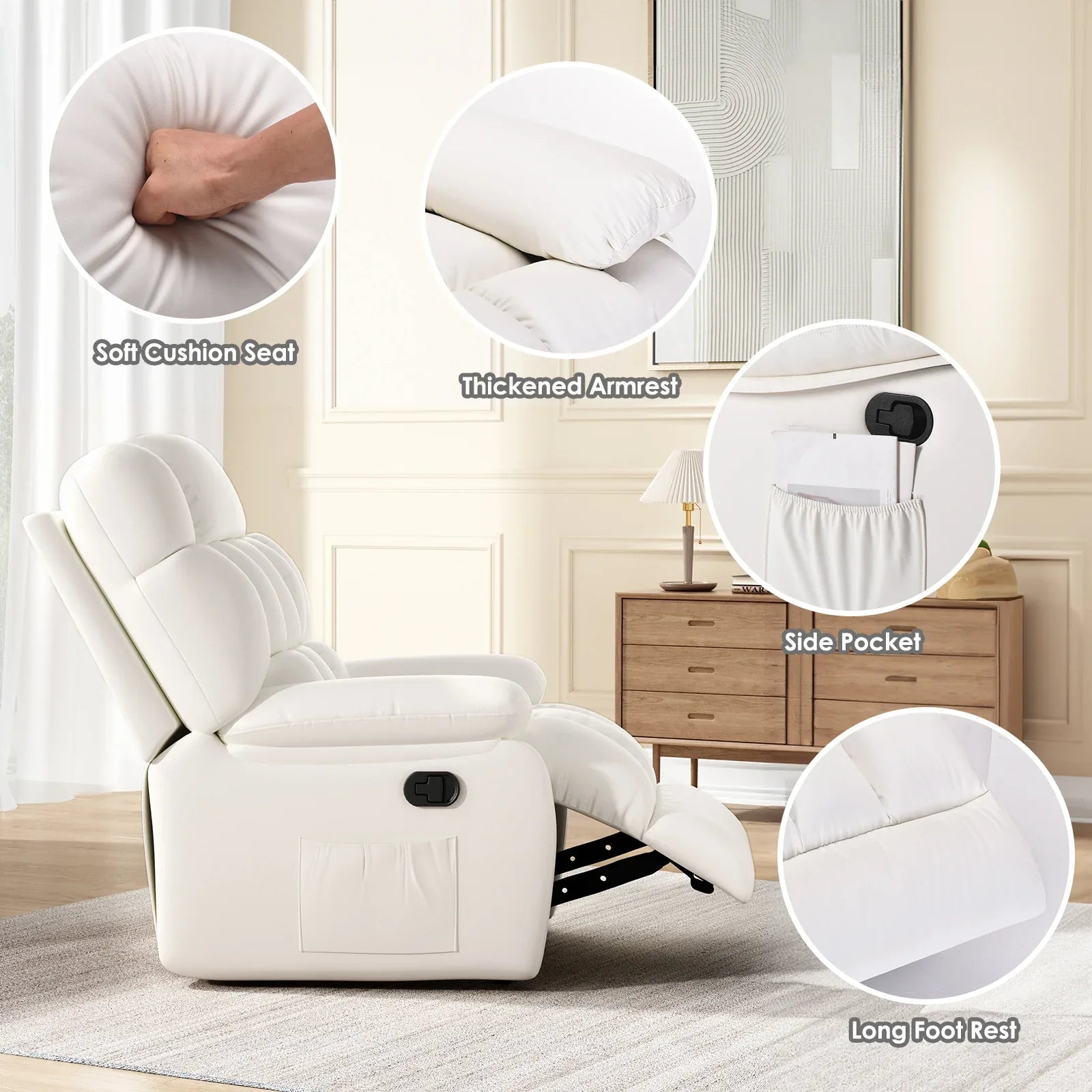 Recliner Chair, Upholstered Rocker Recliner Chair with Side Pocket, Ergonomic 110°-160° Adjustable Reclining Chairs for Adults, Single Sofa Chair with Footrest,Recliner Sofa for Living Room - Eloy Royal