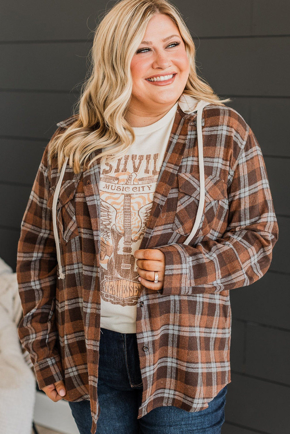 Brown Plus Size Plaid Button Up Contrast Hooded Shirt - Eloy Royal