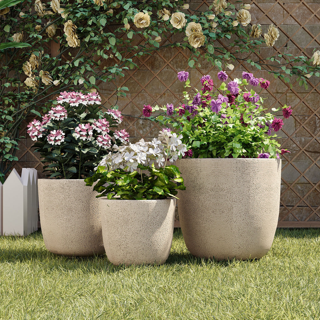 U_Style Lightweight Matte Textured MGO Outdoor Indoor Flower Pot Set of 3,16.9'+13.9'+11.22' Dia Round Concrete Stackable Planter with Drainage Holes and Rubber Plug,Perfect for Garden, Patio, Balcony