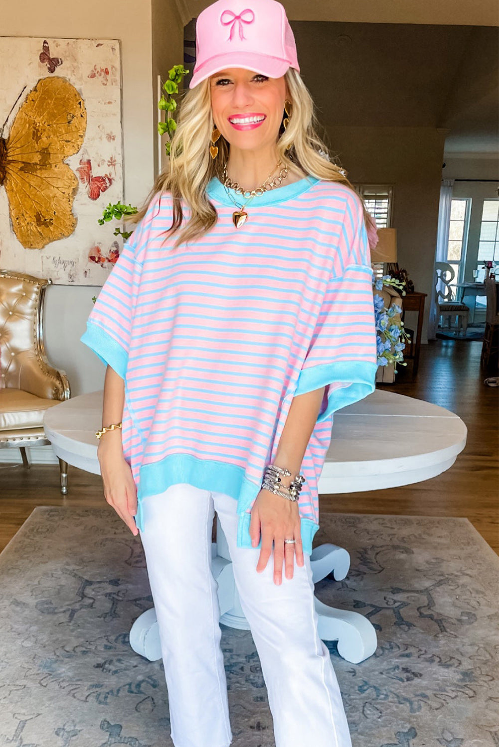 Pink Stripe Colorblock Drop Sleeve Loose Top - Eloy Royal