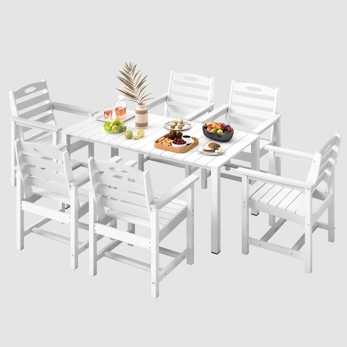 HDPE Outdoor Dining Set, All-Weather 7 Piece Outdoor Dining Table Set with 2' Umbrella Hole, Outdoor Patio Dining Set for Garden, Poolside, Backyard, Deck, White