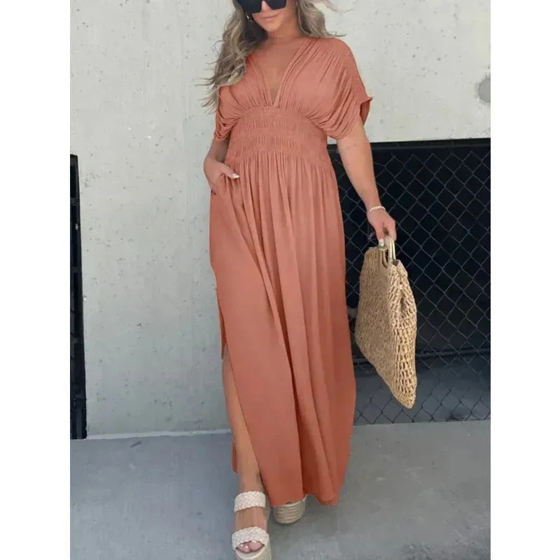 Fashion Bat-sleeved V-neck Slit Dress Summer Short Sleeve Elastic Waist Long Dresses Womens Clothing