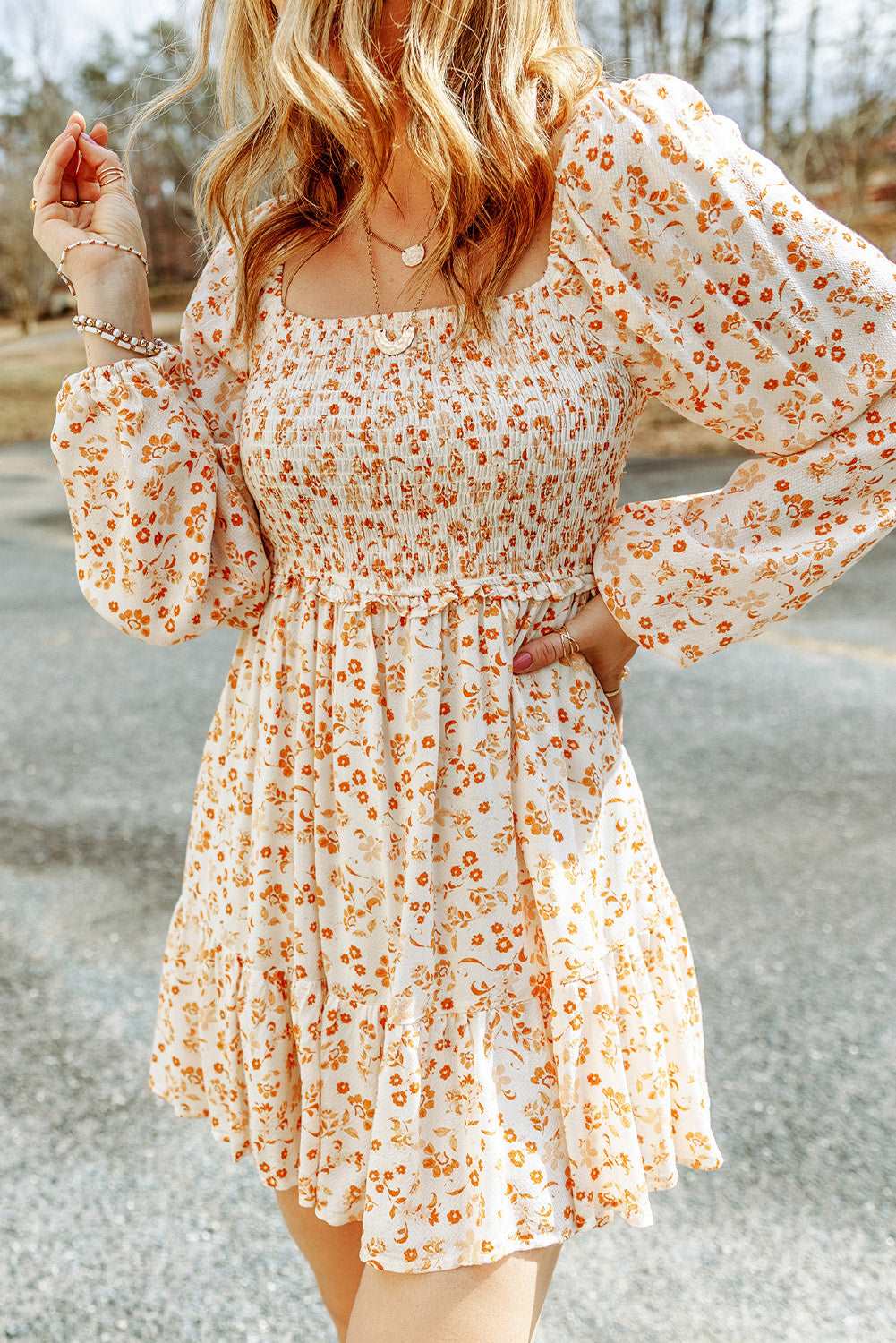 Apricot Boho Floral Smocked Puff Sleeve Short Dress