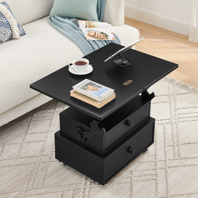 High-Gloss Lacquered Adjustable Height Rolling End Table with Charging Station&Universal Wheels with Brakes, Multi-functional Lift Top Table with Storage Drawers for Living Room Bedroom