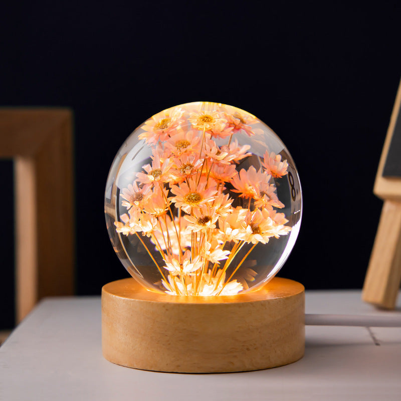 LED Night Light Flower Crystal Ball Children Night Lamp With Woodern Base Bedroom Ambient Light Creative Gift Night Light - Eloy Royal