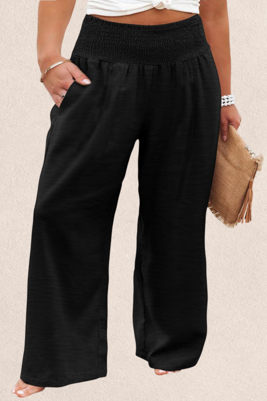 Black Shirred High Waist Plus Size Wide Leg Pants - Eloy Royal