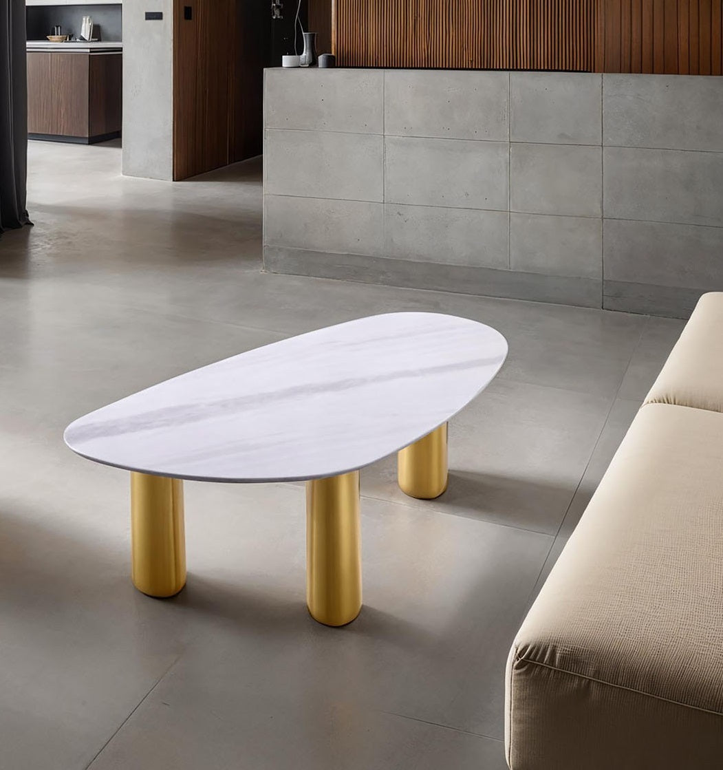 Contemporary Style 1pc Coffee Table Sintered Stone Top Gold Legs Soft Corner Edges White And Matte Gold Finish