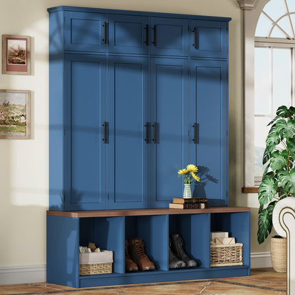 Farmhouse Hall Tree with 4 Hidden Hanging Hooks with Versatile Walnut Seating