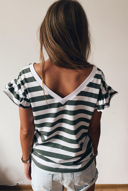 Sea Green Striped V Neck Ruffle Sleeve Top - Eloy Royal