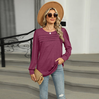 Solid Color U-neck Pleated Long-sleeved T-shirt Top For Women