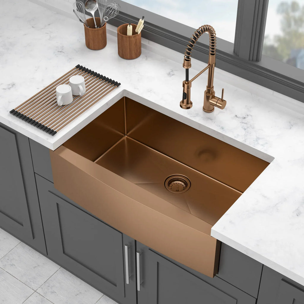 36 Inch Rose Gold Farmhouse Sink with Apron Front - Stainless Steel 16 Gauge Kitchen Sink in Rose Gold Finish - Eloy Royal