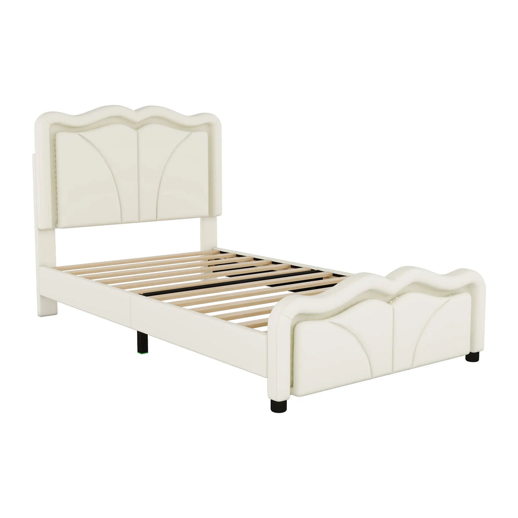 Twin Size Upholstered Platform Bed with Curved Adjustable Headboard and LED Lights, White, Pine Wood MDF PU - Eloy Royal