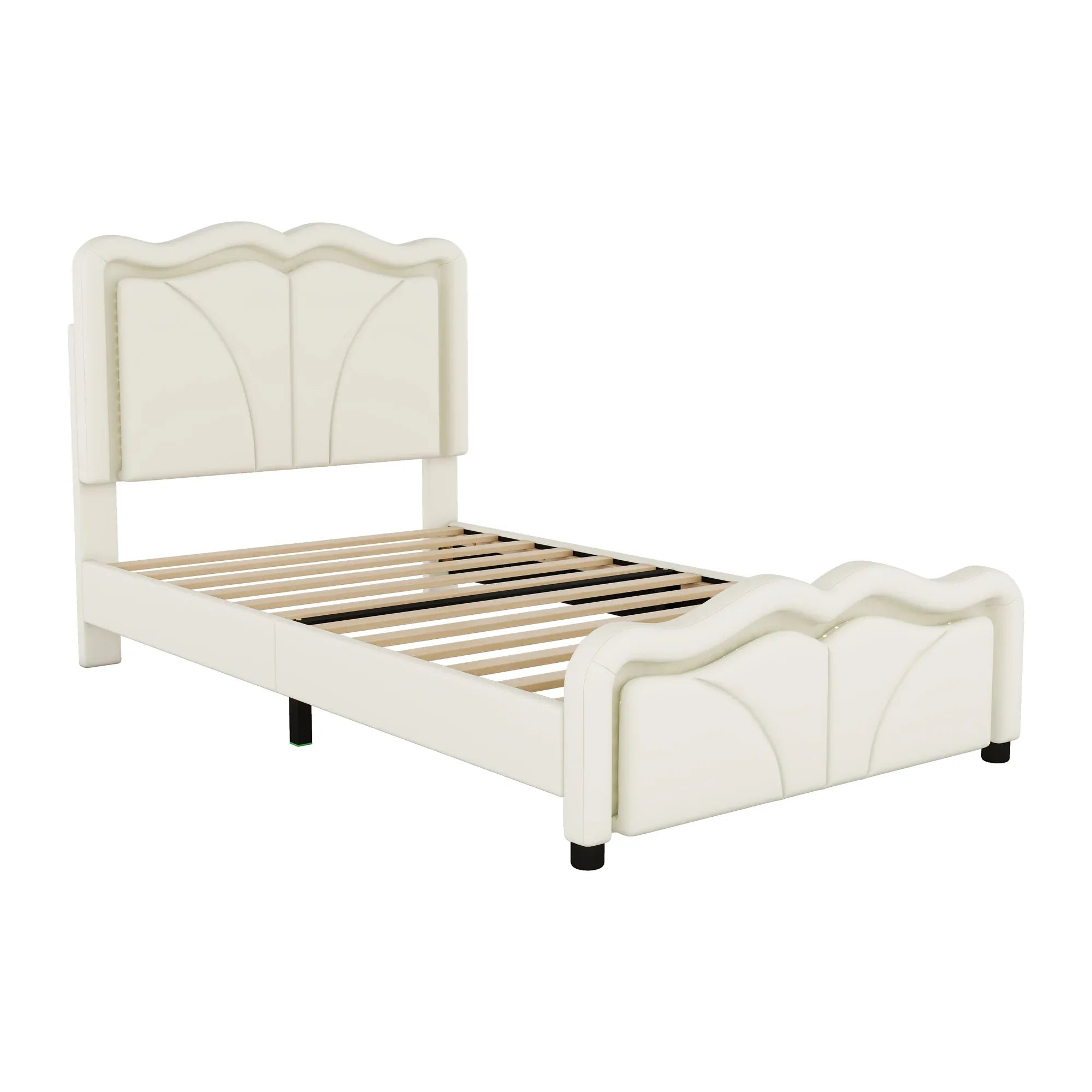 Twin Size Upholstered Platform Bed with Curved Adjustable Headboard and LED Lights, White, Pine Wood MDF PU - Eloy Royal