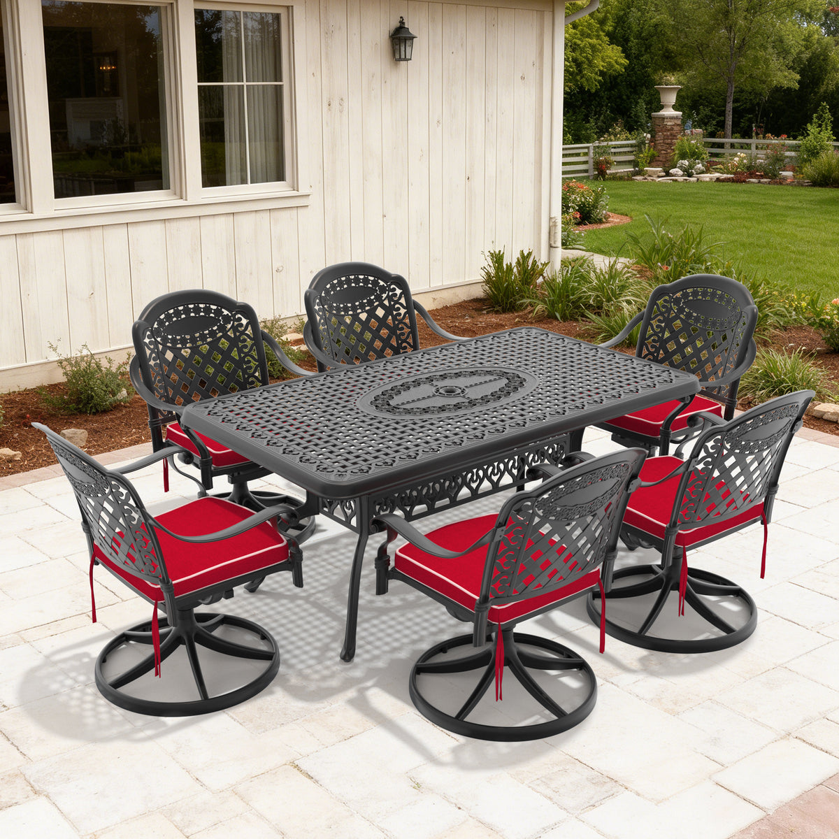 7-Piece All-Weather Cast Aluminum Dining Set, Include 6 Swivel Chairs and Rectangular Table With Black Frame