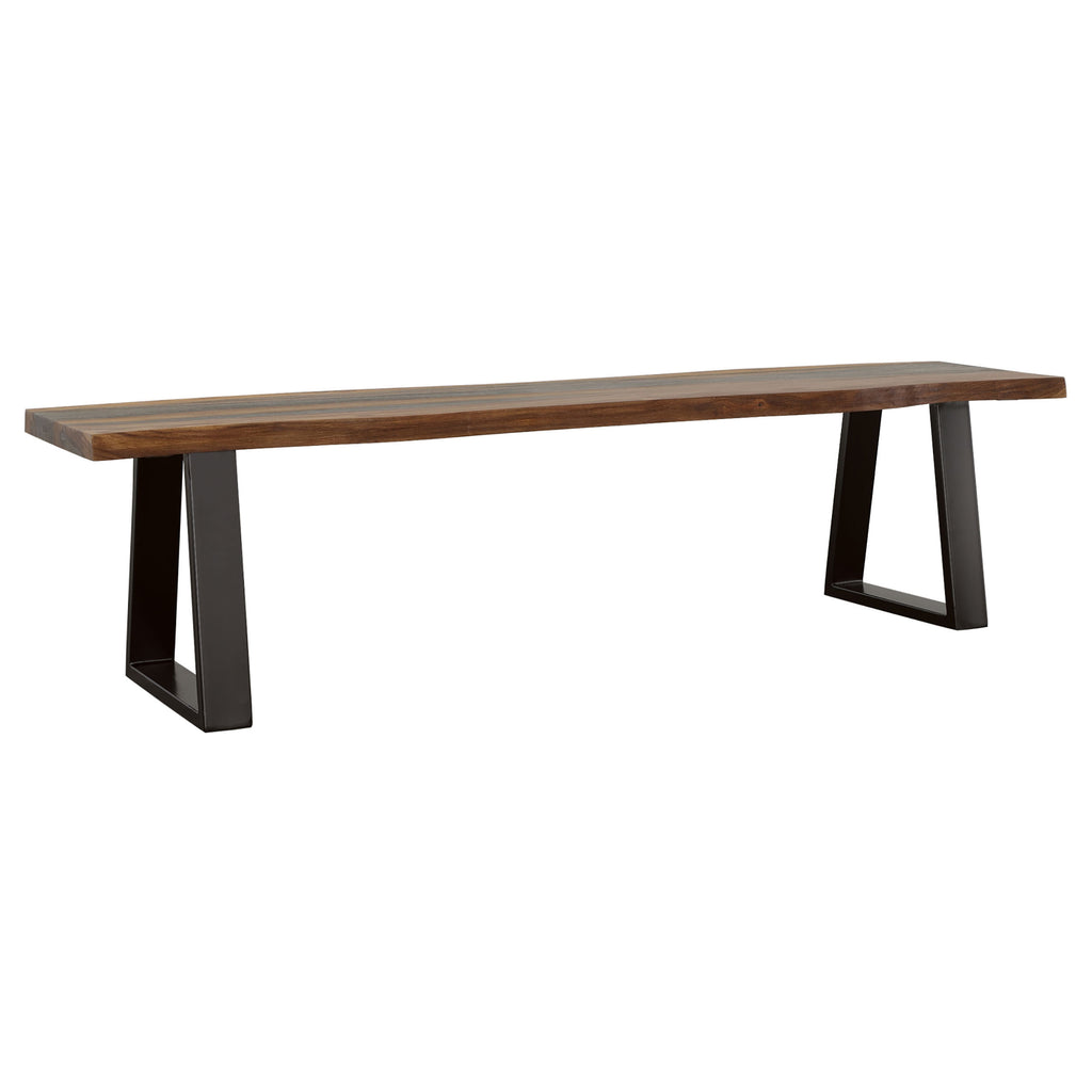 Wobegon Grey Sheesham Rectangular Dining Bench with Live Edge Wood Seat and Angled Metal Base in Grey Finish, 70-Inch Length