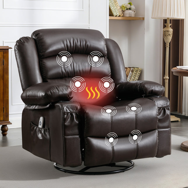 Massage Swivel Rocker Recliner Chair with Vibration Massage and Heat Ergonomic Lounge Chair for Living Room with Rocking Function and Side Pocket   2 Cup Holders USB Charge Port ,BROWN