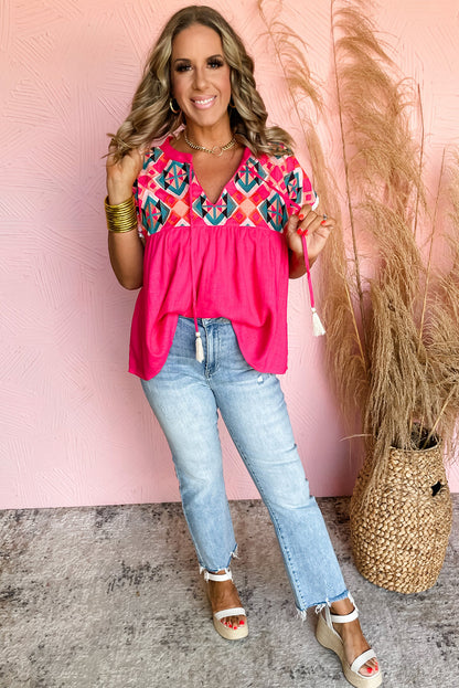 Strawberry Pink Geometric Embroidered Tassel Tie V Neck Blouse - Eloy Royal