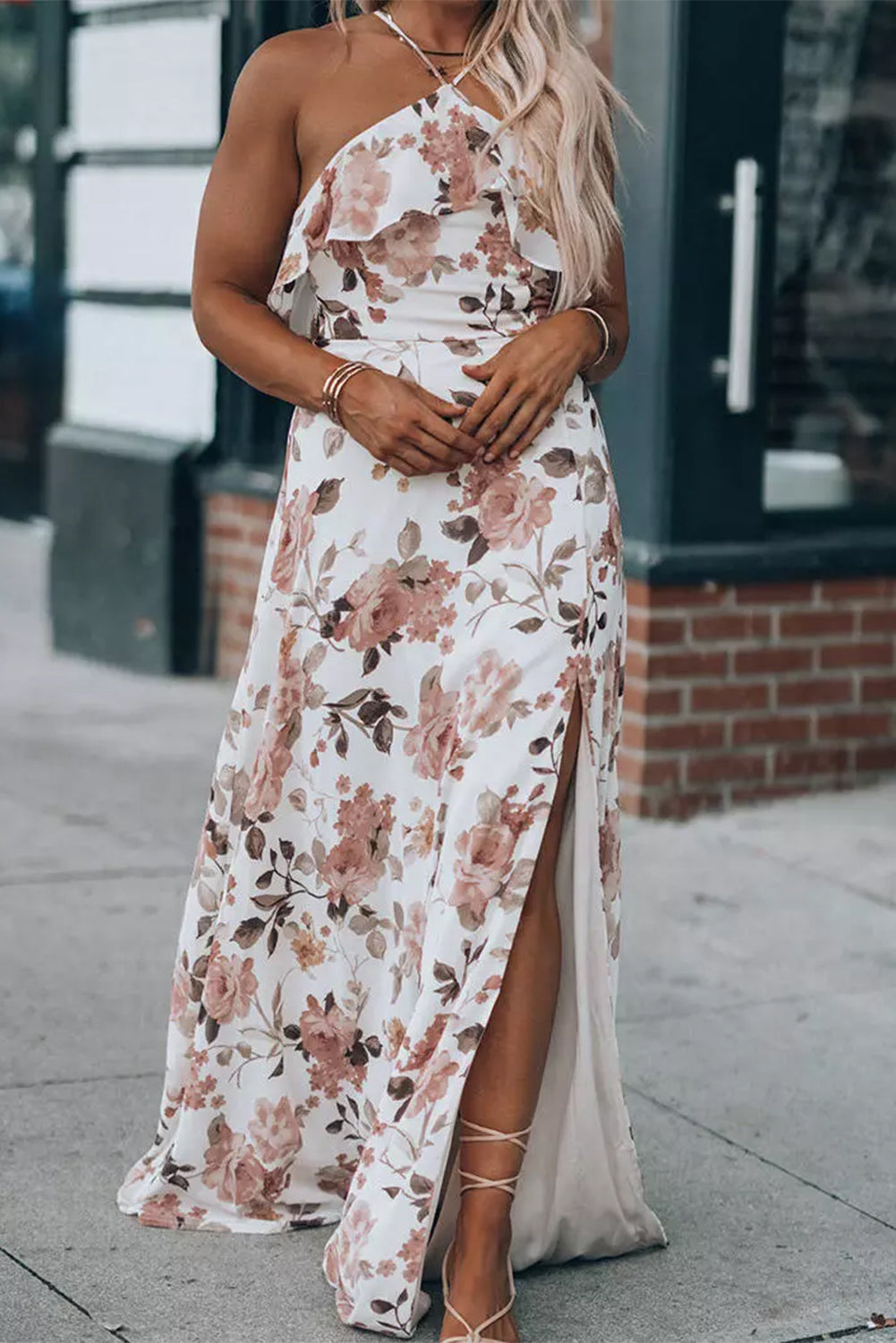 White Floral Slit Ruffled Halterneck Maxi Dress - Eloy Royal