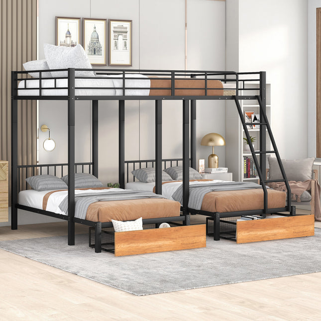Full Over Twin & Twin Bunk Bed, Metal Triple Bunk Bed with Drawers and Guardrails, Black(old sku:LT000222AAB)