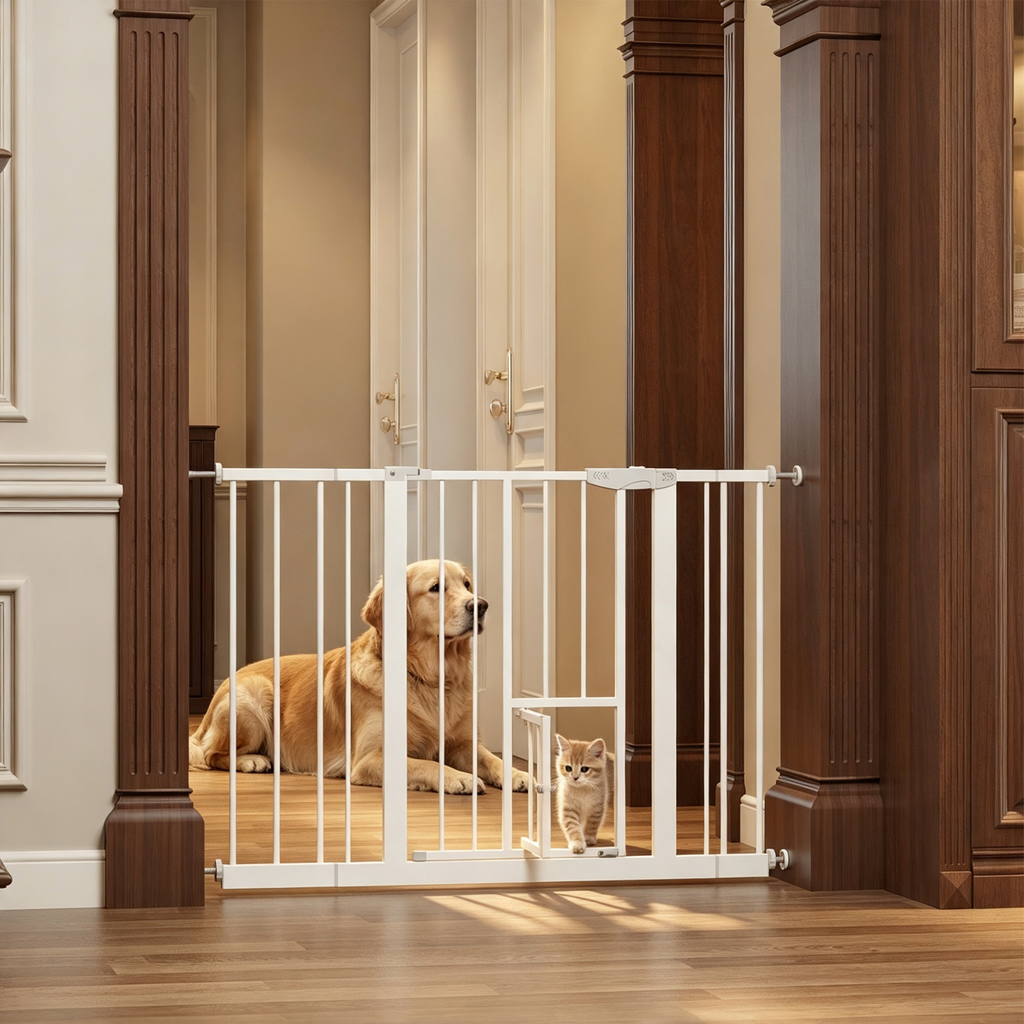 Baby Gate with Cat Door, 29.5-44.1' Metal Pet Door for Stairs & Doorways,Pressure Mounted,No Tools Needed, White