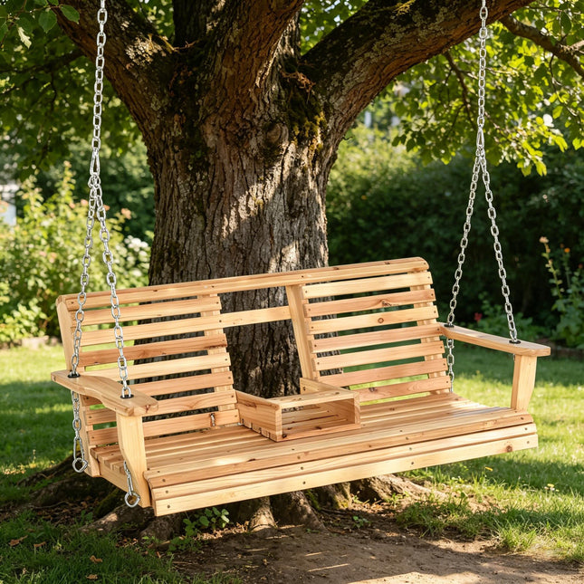 440lbs Weight Capacity 3-Seater Wooden Porch Swing, Patio Swing Bench with Folding Coffee Table, Cup Holders and Chains Included,