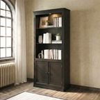 78.75''H 4-Tier Display Shelf, with 5-Colors Dimmable Ceiling Light, Freestanding Farmhouse Bookcases with Storage & Doors, Bookshelf with Adjustable Glass Shelves for Home & Office - Black - Eloy Royal