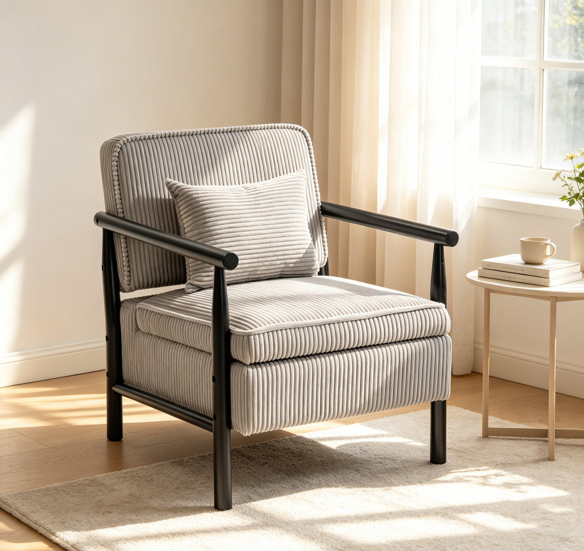 Storage Chair,Mid Century Modern Accent Chair with Solid Wood Frame, Upholstered Living Room Chairs with Waist Cushion, Reading Armchair for Bedroom Sunroom