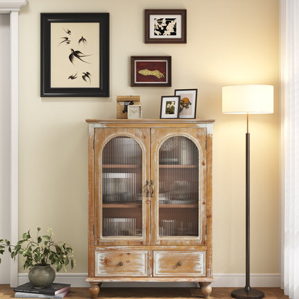 Farmhouse Storage Cabinet, Distressed Wood Kitchen Pantry Cabinet with 2 Glass Doors & 2 Drawers, Rustic Freestanding Buffet Cupboard with Shelves for Living Room, Dining Room,Antique Brown  & White