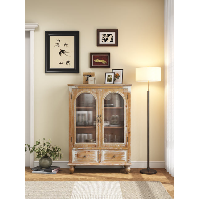 Farmhouse Storage Cabinet, Distressed Wood Kitchen Pantry Cabinet with 2 Glass Doors & 2 Drawers, Rustic Freestanding Buffet Cupboard with Shelves for Living Room, Dining Room,Antique Brown  & White