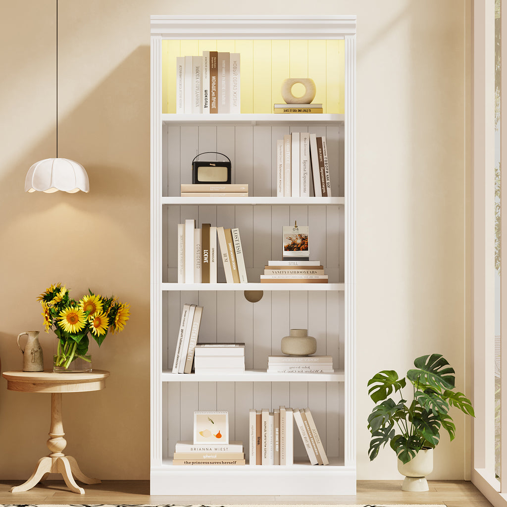 83.4' Tall Wood Bookcase with light strip,5-Tier Decor Bookshelves with Adjustable Shelves,Storage Organizer for CDs/Books,Free Standing Storage Shelves for Living Room,Home Office,White