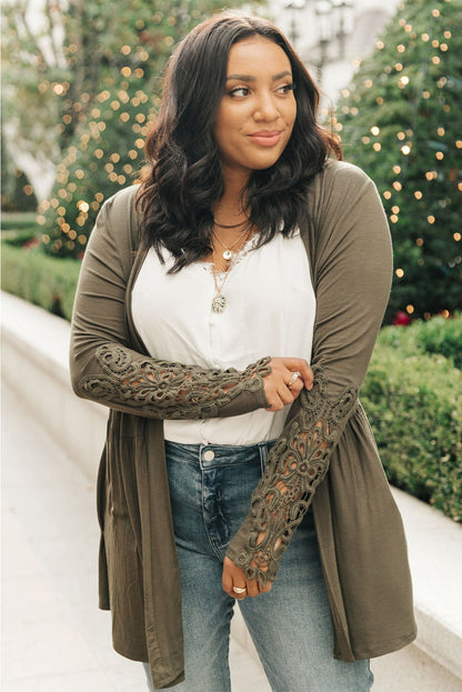 Green Crochet Plus Size Lace Sleeve Cardigan - Eloy Royal