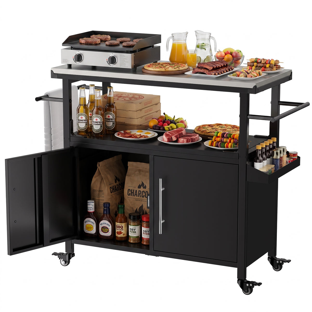 Outdoor Grill Cart with Patio Furniture, Outdoor Grill Table with Storage, Rolling Bar Cart Outdoor BBQ Cart with Towel Rack and Spice Rack for Grilling Accessories