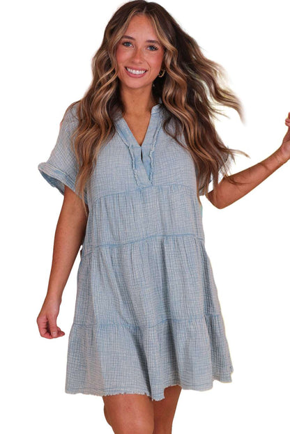 Beau Blue Mineral Wash Crinkle Split Neck Raw Hem Tiered Dress