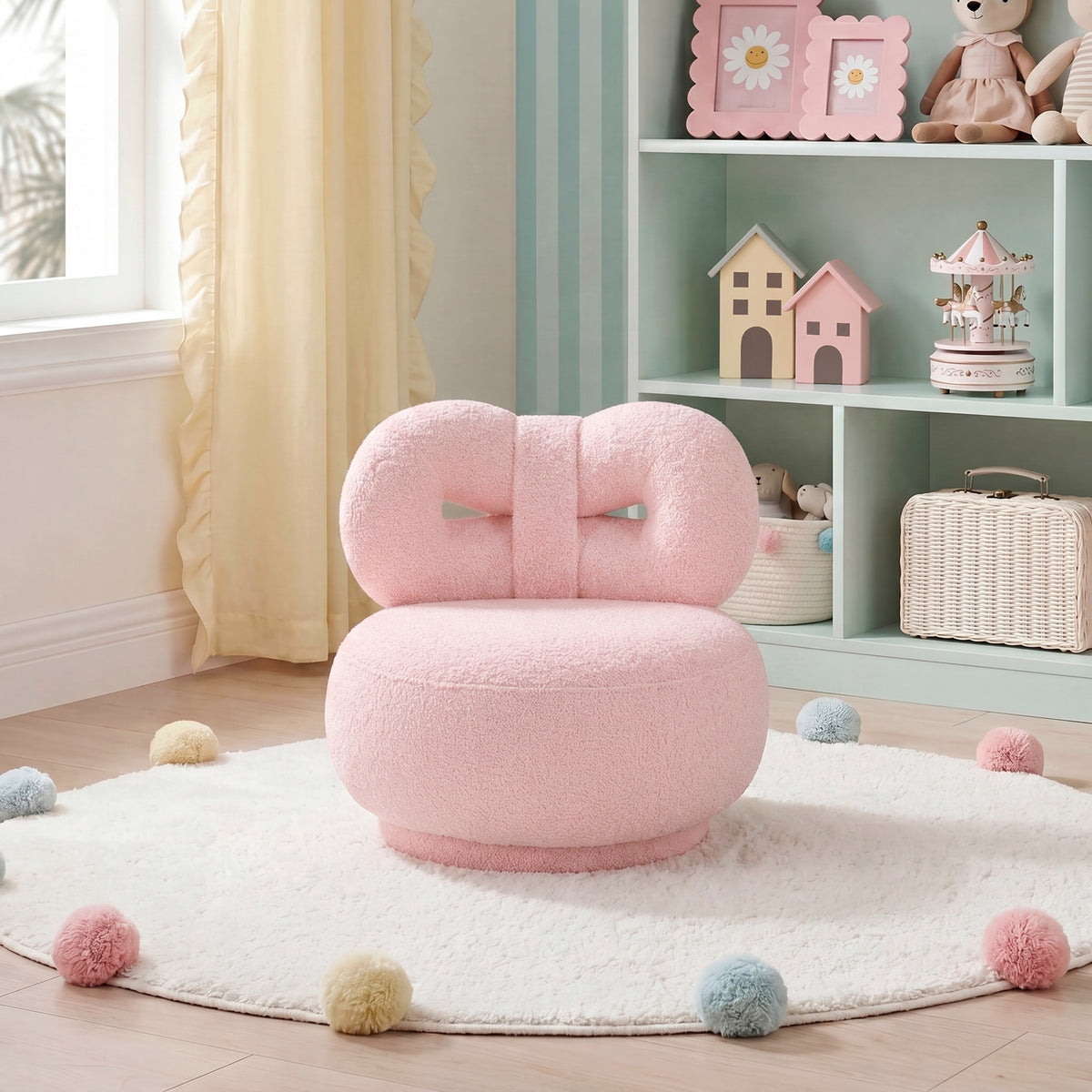 Luxury Comfort Mini Kids Swivel Chair Pink Soft Bow-Shape Boucle Fabric Upholstery Plywood Frame Furniture 1pc Small Children Chair