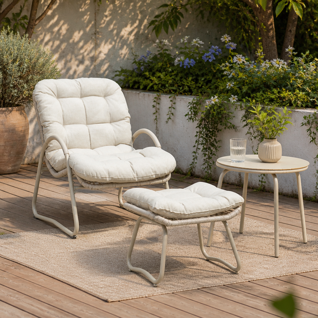 3-Piece Off-White Woven Rope Patio ,Lounge chair with ottoman and small table,Comfy Reading Chair Set, Ergonomic Lounge Chair for  or Office, Outdoor Pool, Beach, Patio- Beige